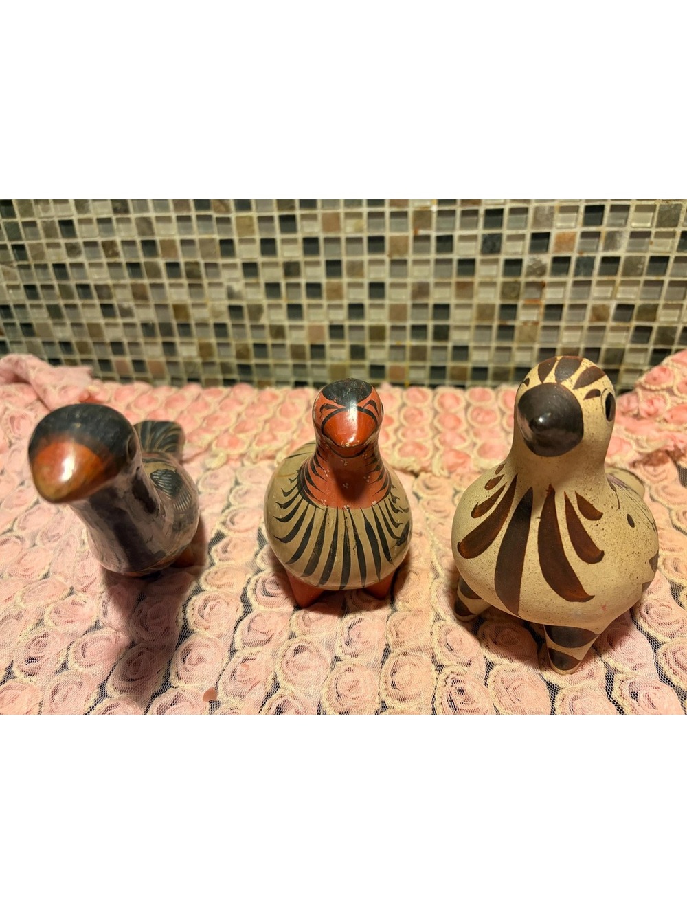 This is a set of three vintage Mexican Tonala pottery bird figurines. [COPY]